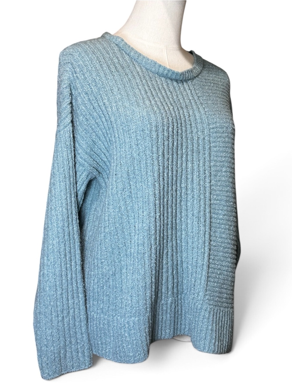 NWT Eileen Fisher Organic Cotton Boucle Textured Boxy Ribbed Sweater Blue MP